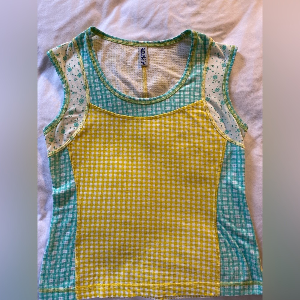 Gregory Parkinson Yellow, Blue and Green Plaid Patchwork Tank Top